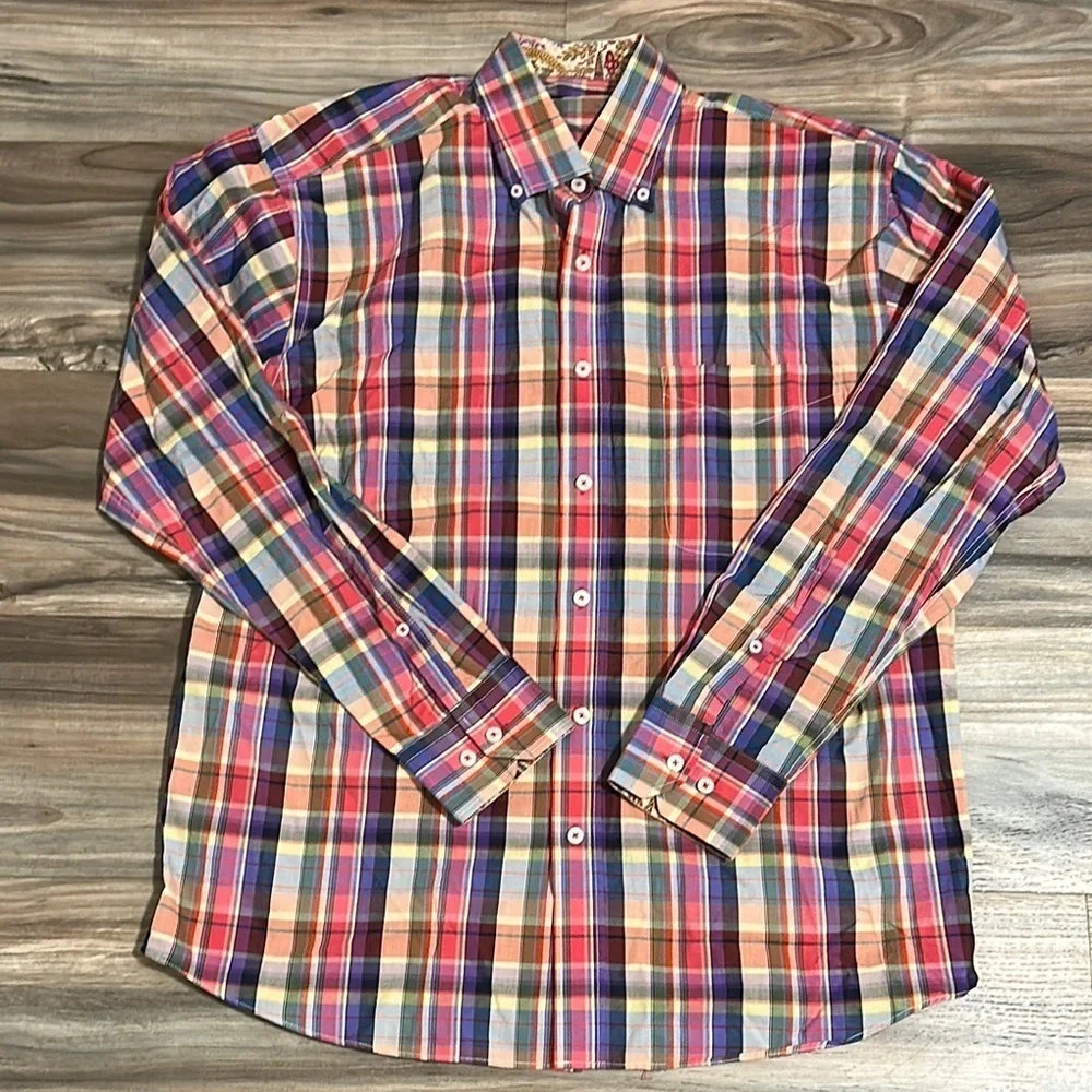 Alan Flusser Mens M Plaid Long Sleeve Flip Cuff Button Down Shirt Paisley